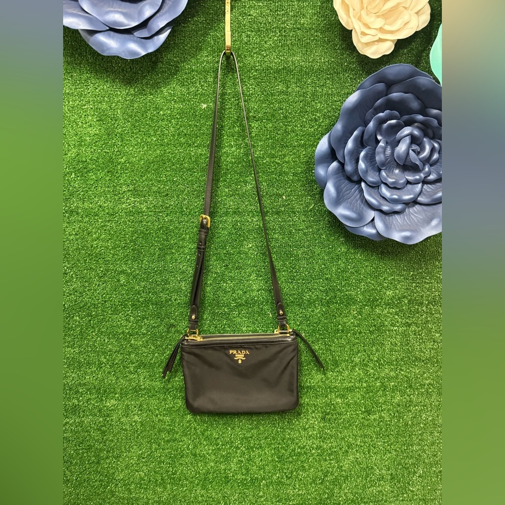 LUXURY PRADA TESSUTO BANDOLIERA DOUBLE ZIP BLACK NYLON CROSSBODY BAG